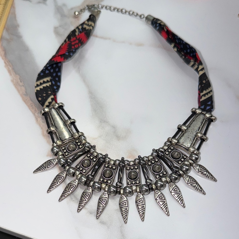 Silver Tribal Necklace with Black and Red Accents